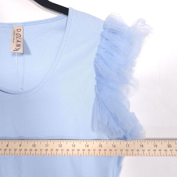 Anthropologie Dolan NWOT Size L, M Tulle Ruffle Sleeve Tank Blue Ribbed Knit - Picture 6 of 11